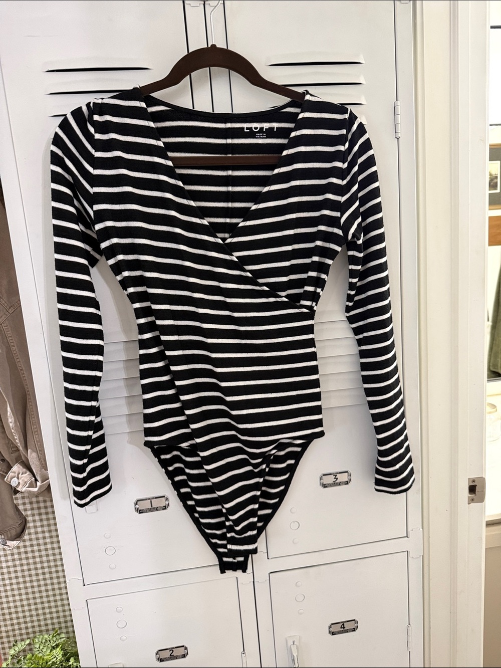 LOFT Black and White Striped Long-Sleeve Wrap One-Piece